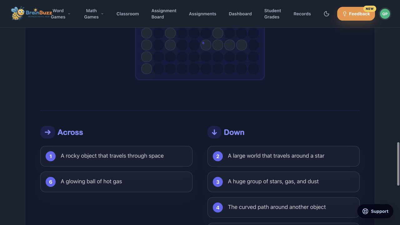 A BrainBuzz astronomy crossword with generated clues